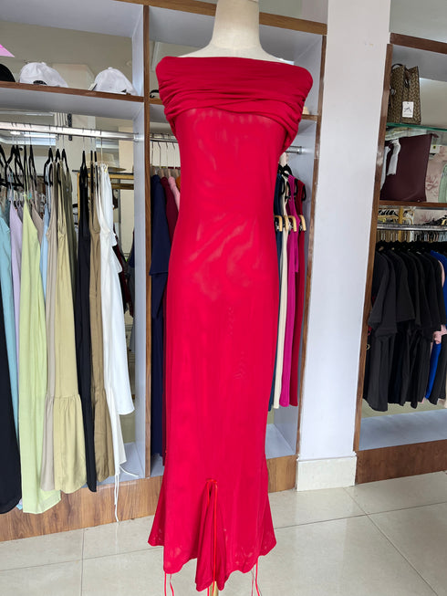 Women Mesh Bodycon Off-Shoulder Long Flare Dresses